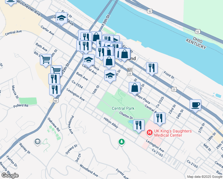 map of restaurants, bars, coffee shops, grocery stores, and more near 520 17th Street in Ashland