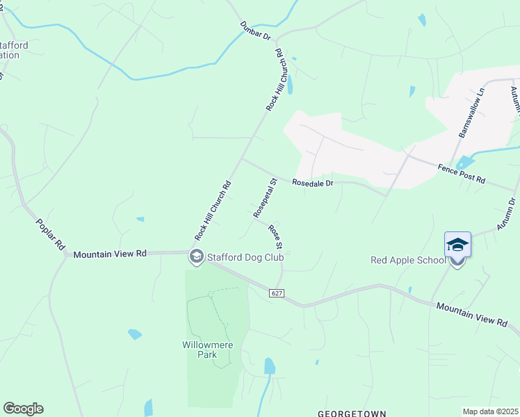 map of restaurants, bars, coffee shops, grocery stores, and more near Rosepetal Street in Stafford County