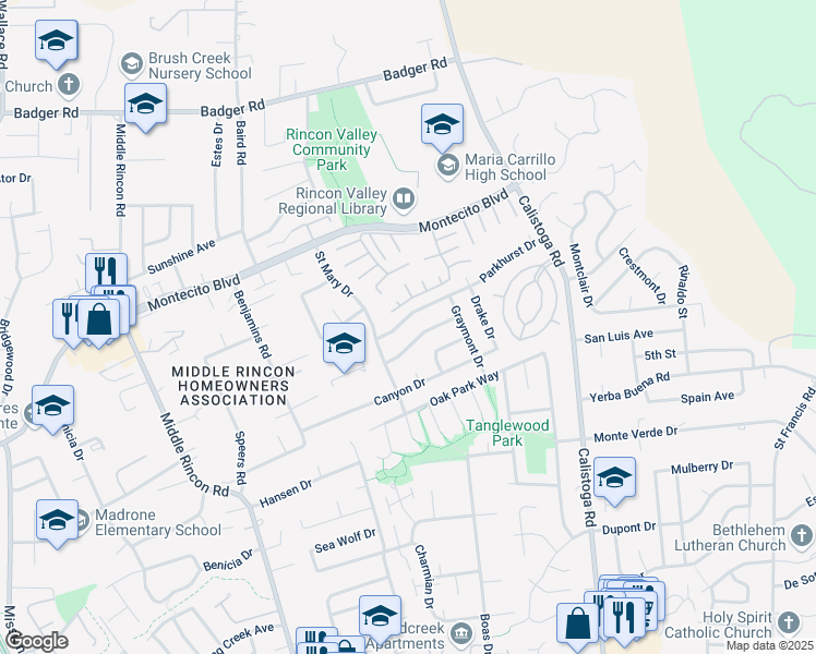 map of restaurants, bars, coffee shops, grocery stores, and more near 4996 Parkhurst Drive in Santa Rosa
