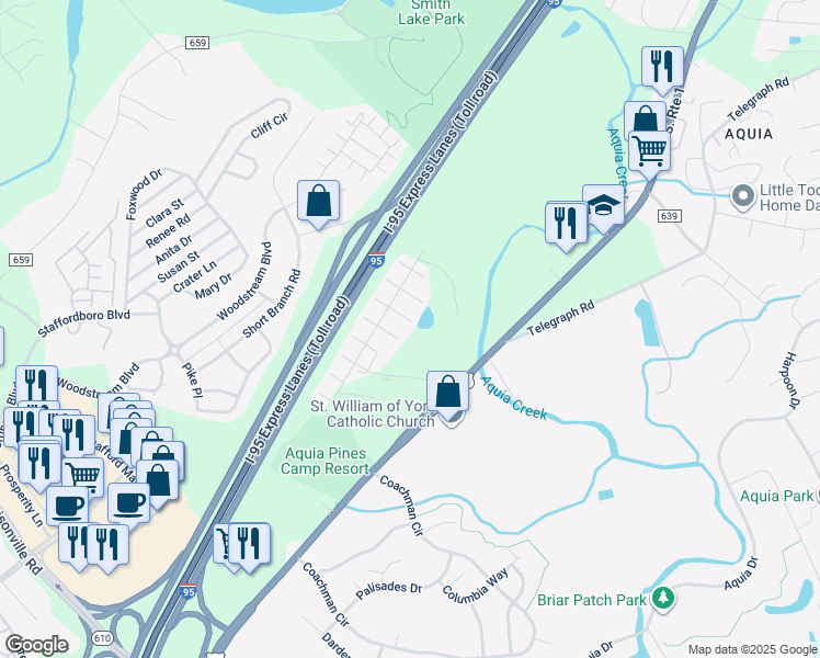 map of restaurants, bars, coffee shops, grocery stores, and more near 208 Windjammer Court in Stafford