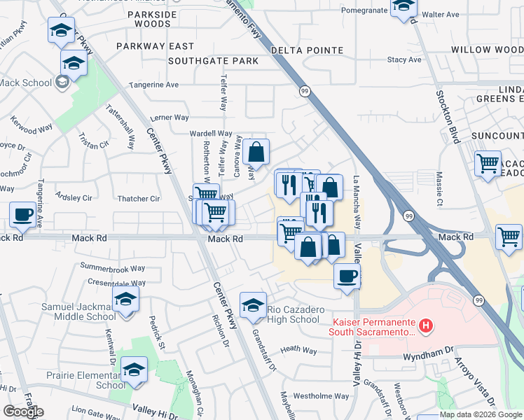 map of restaurants, bars, coffee shops, grocery stores, and more near 6003 Mack Road in Sacramento
