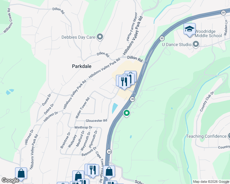 map of restaurants, bars, coffee shops, grocery stores, and more near 115 Jacqueline Lane in High Ridge