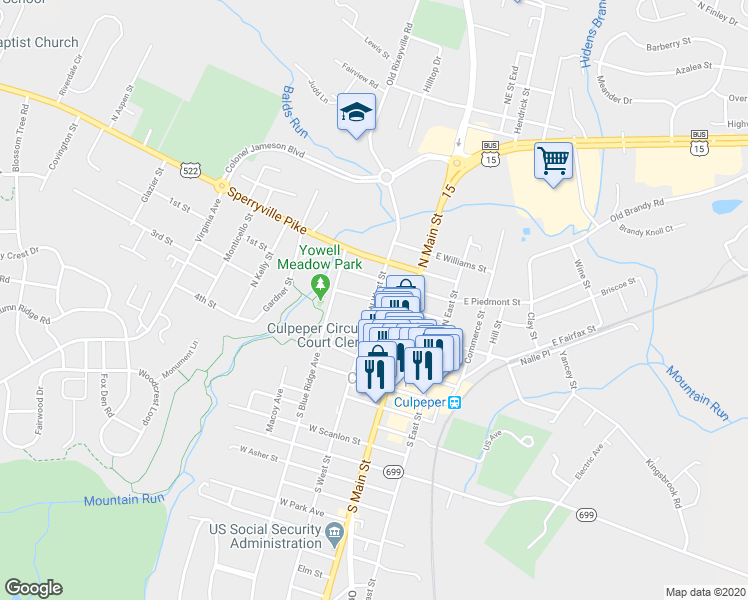 map of restaurants, bars, coffee shops, grocery stores, and more near 200 West Edmondson Street in Culpeper