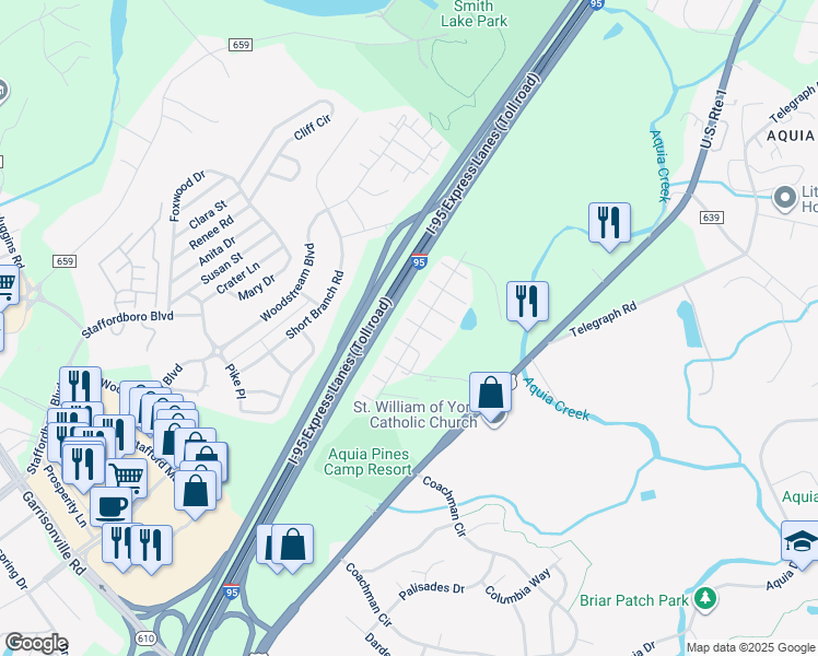 map of restaurants, bars, coffee shops, grocery stores, and more near 105 Boathouse Way in Stafford