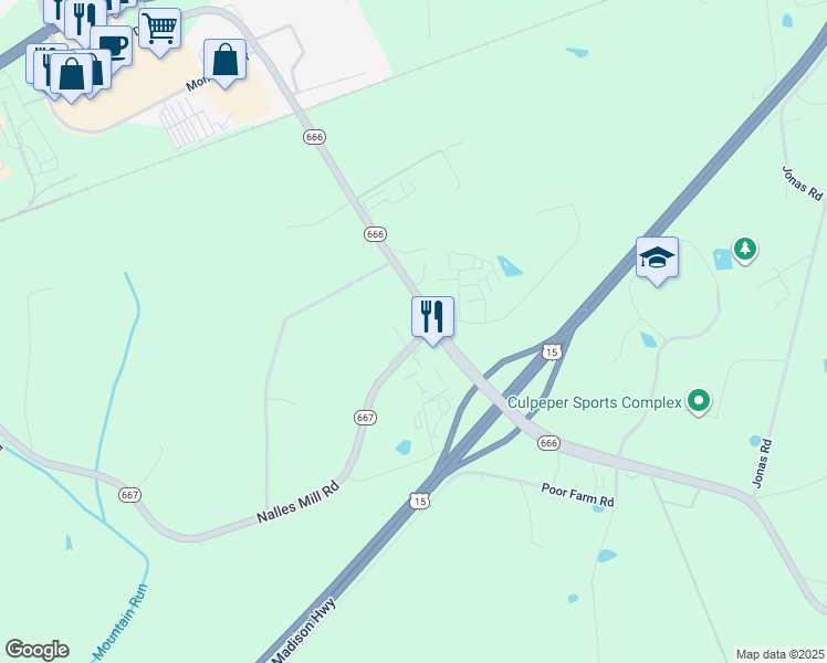 map of restaurants, bars, coffee shops, grocery stores, and more near 16165 Rogers Road in Culpeper
