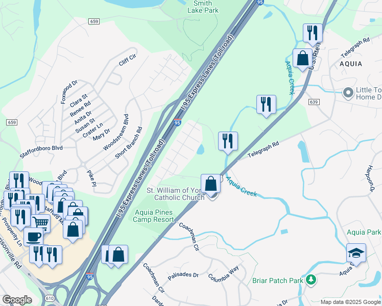 map of restaurants, bars, coffee shops, grocery stores, and more near 202 Windjammer Court in Stafford