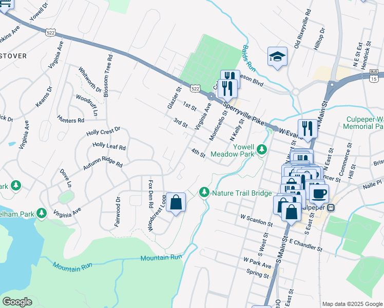 map of restaurants, bars, coffee shops, grocery stores, and more near 629 4th Street in Culpeper