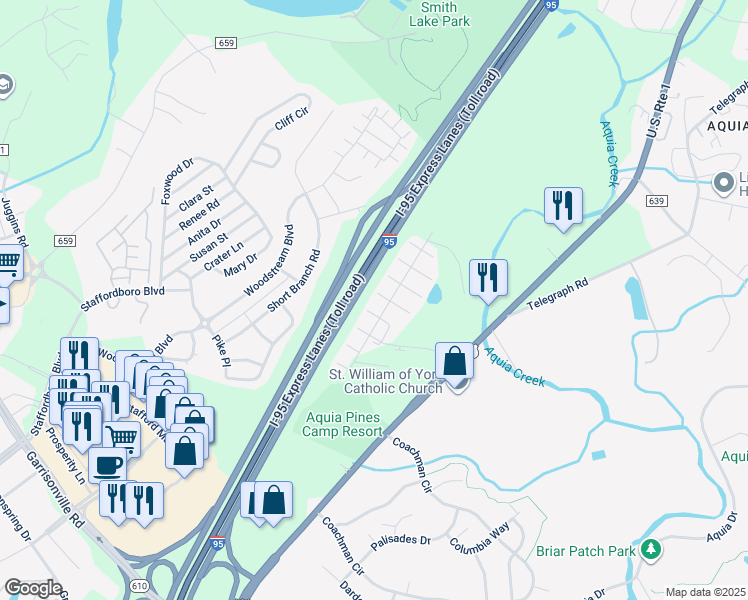 map of restaurants, bars, coffee shops, grocery stores, and more near 111 Boathouse Way in Stafford