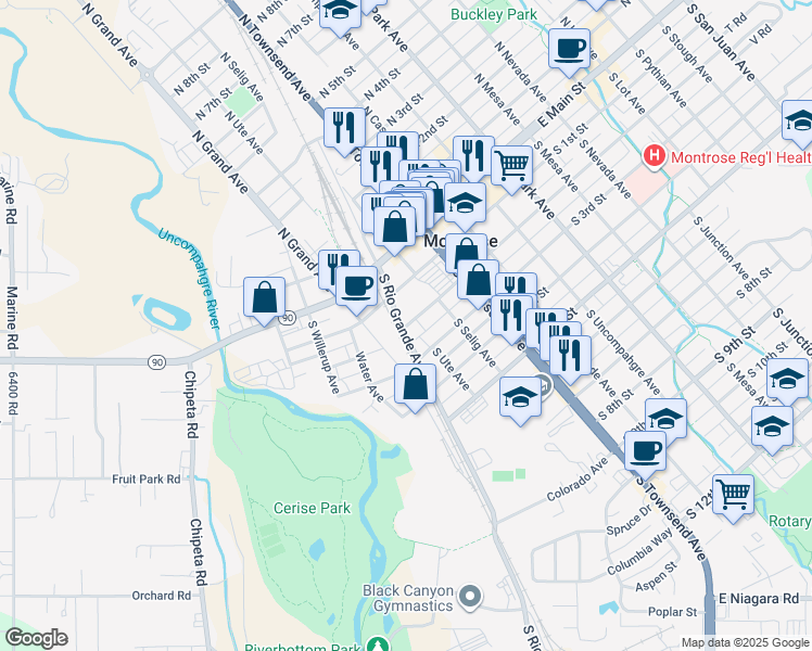 map of restaurants, bars, coffee shops, grocery stores, and more near South Rio Grande Avenue in Montrose
