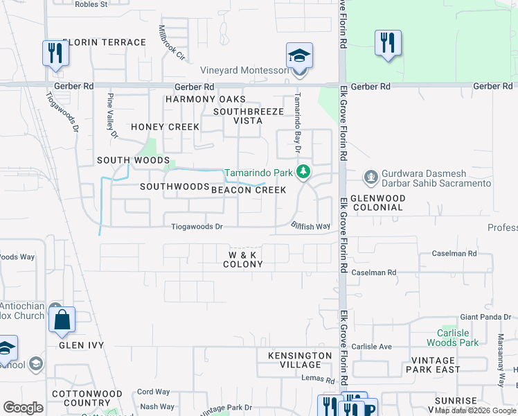map of restaurants, bars, coffee shops, grocery stores, and more near 8775 Tiogawoods Drive in Sacramento