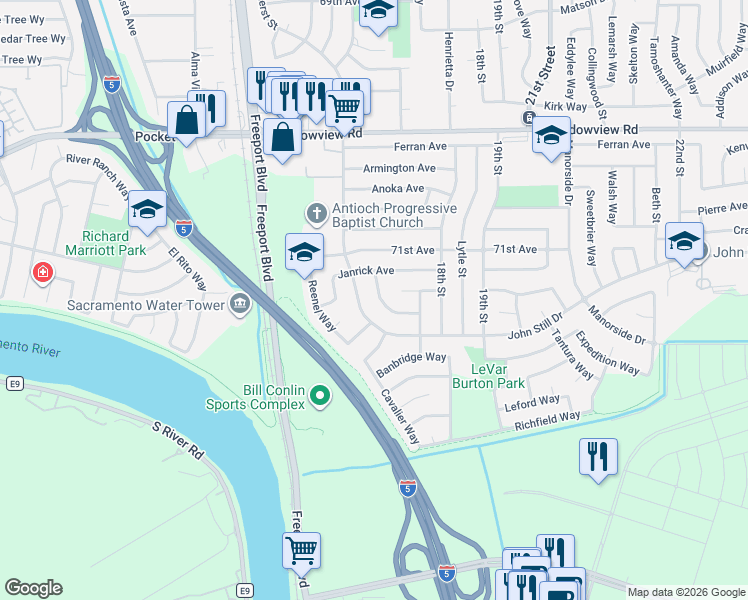 map of restaurants, bars, coffee shops, grocery stores, and more near 7765 Amherst Street in Sacramento