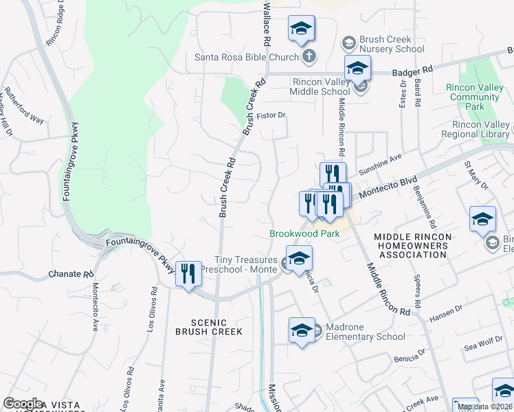 map of restaurants, bars, coffee shops, grocery stores, and more near 2333 Creekwood Drive in Santa Rosa