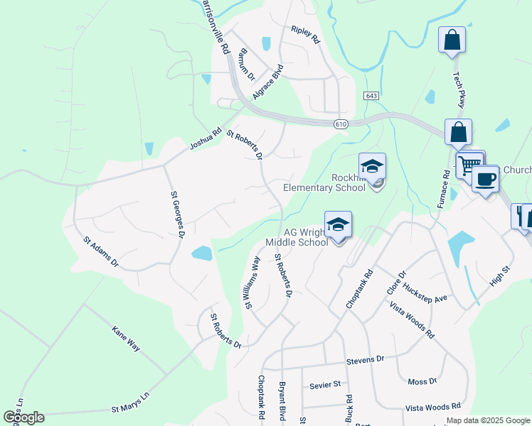 map of restaurants, bars, coffee shops, grocery stores, and more near 38 Saint Roberts Drive in Stafford
