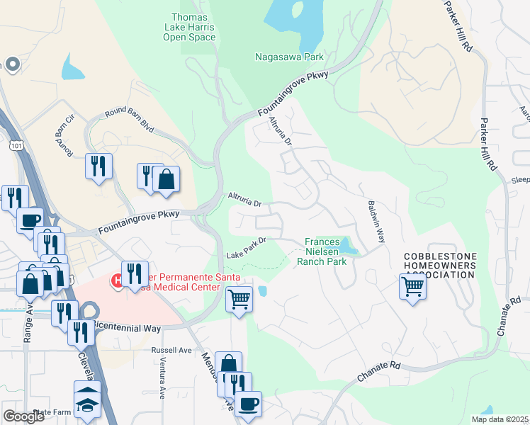map of restaurants, bars, coffee shops, grocery stores, and more near 1825 Bella Vista Way in Santa Rosa