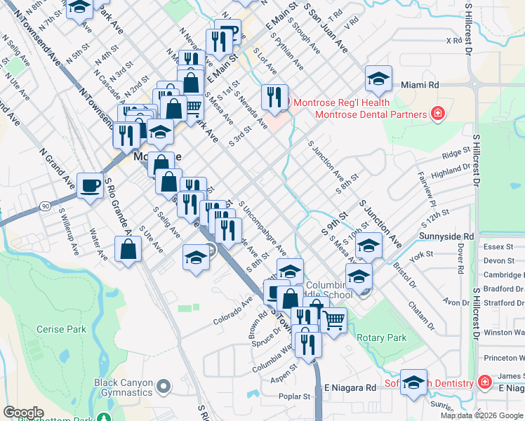 map of restaurants, bars, coffee shops, grocery stores, and more near 501 S 7th St in Montrose