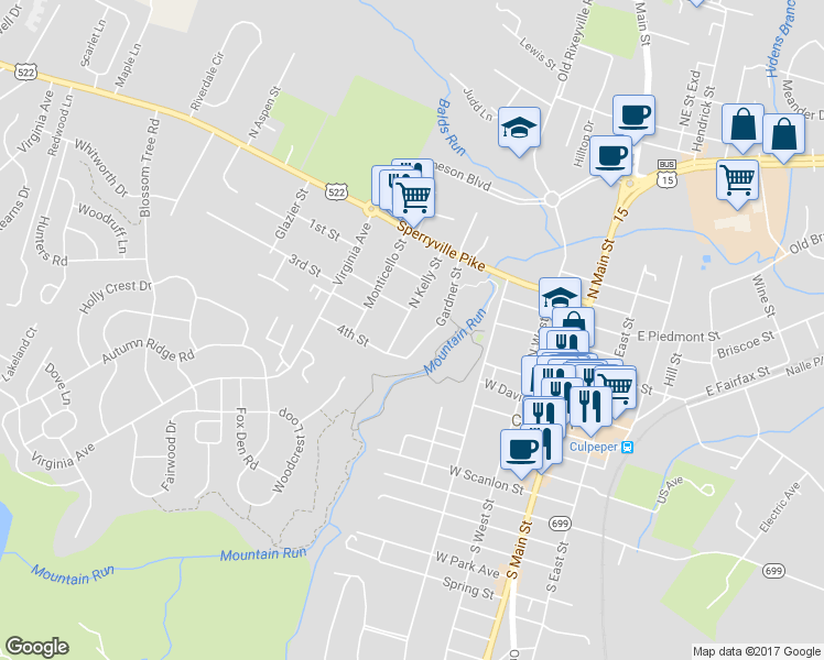 map of restaurants, bars, coffee shops, grocery stores, and more near 250 Gardner Street in Culpeper