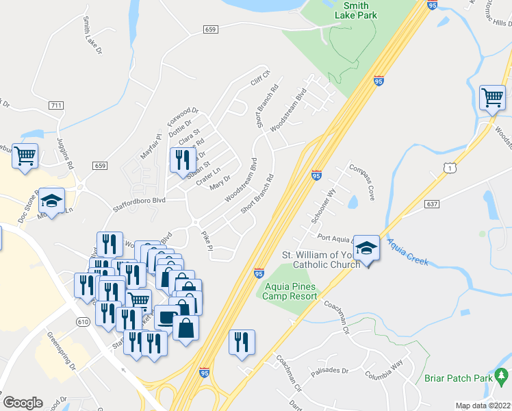 map of restaurants, bars, coffee shops, grocery stores, and more near 54 Short Branch Road in Stafford