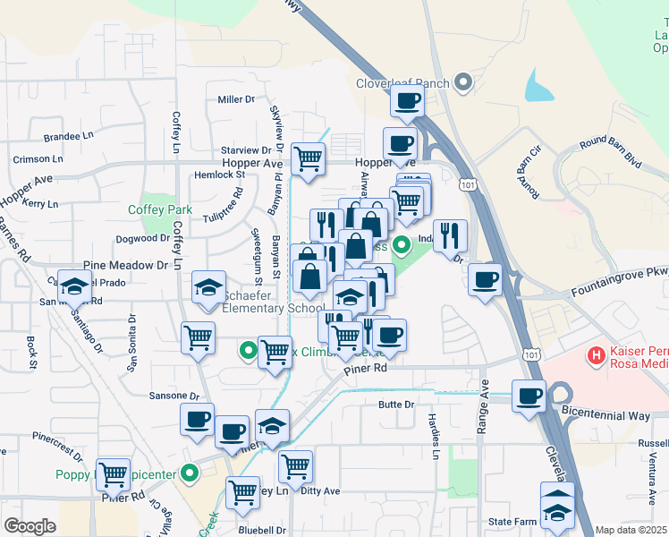 map of restaurants, bars, coffee shops, grocery stores, and more near 3383 Airway Drive in Santa Rosa