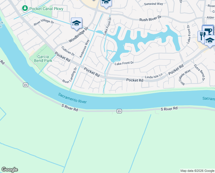 map of restaurants, bars, coffee shops, grocery stores, and more near 7952 Pocket Road in Sacramento