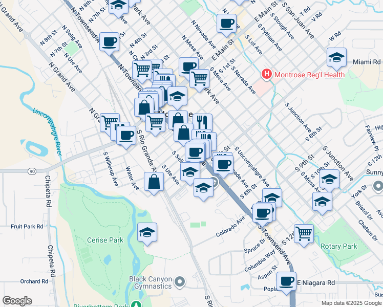 map of restaurants, bars, coffee shops, grocery stores, and more near 338 S Selig Ave in Montrose