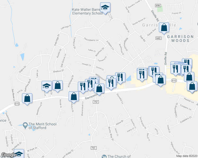 map of restaurants, bars, coffee shops, grocery stores, and more near 13 Whitestone Drive in Stafford