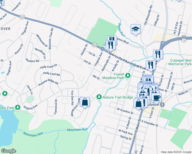 map of restaurants, bars, coffee shops, grocery stores, and more near 629 4th Street in Culpeper