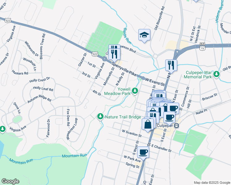 map of restaurants, bars, coffee shops, grocery stores, and more near 250 Gardner Street in Culpeper