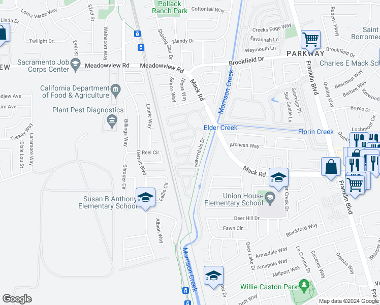 map of restaurants, bars, coffee shops, grocery stores, and more near 3950 Mack Road in Sacramento