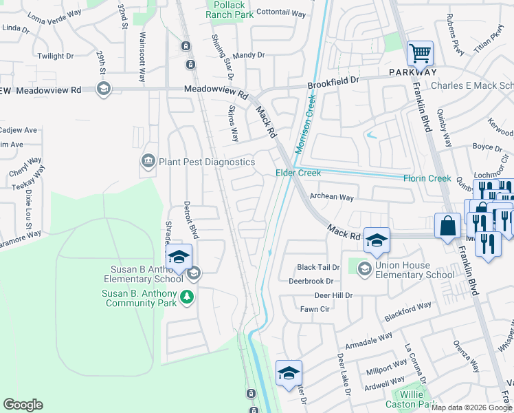 map of restaurants, bars, coffee shops, grocery stores, and more near 3950 Mack Road in Sacramento