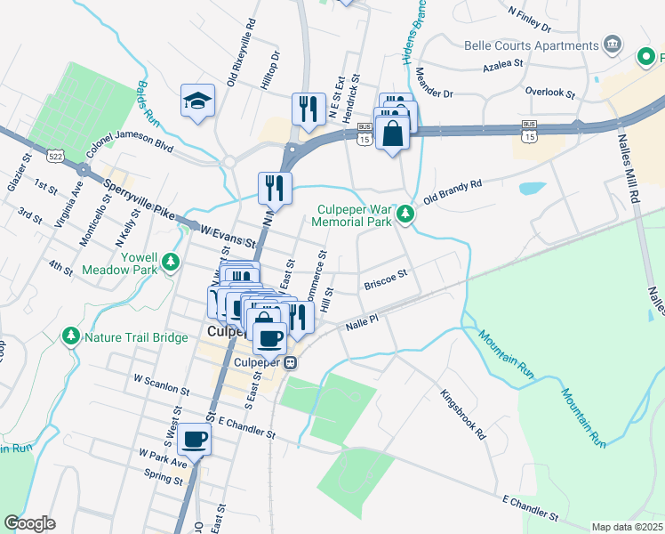 map of restaurants, bars, coffee shops, grocery stores, and more near 310 East Piedmont Street in Culpeper