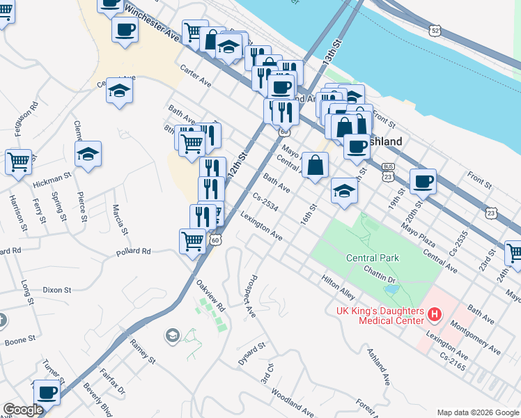 map of restaurants, bars, coffee shops, grocery stores, and more near 708 14th Street in Ashland