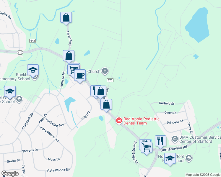 map of restaurants, bars, coffee shops, grocery stores, and more near 40 Toluca Road in Stafford
