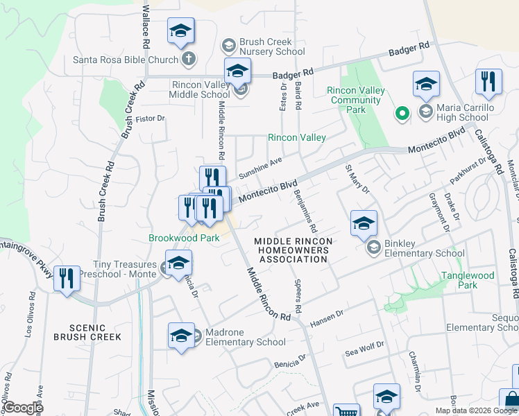 map of restaurants, bars, coffee shops, grocery stores, and more near 6600 Montecito Boulevard in Santa Rosa
