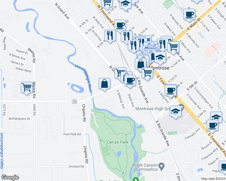 map of restaurants, bars, coffee shops, grocery stores, and more near 226 W North 1st St in Montrose