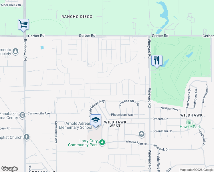 map of restaurants, bars, coffee shops, grocery stores, and more near 9940 Gerber Road in Sacramento