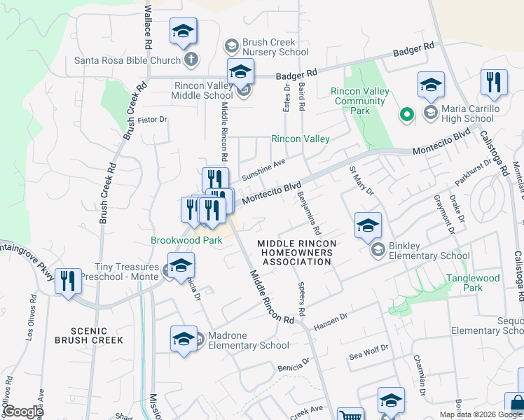 map of restaurants, bars, coffee shops, grocery stores, and more near 6600 Montecito Boulevard in Santa Rosa