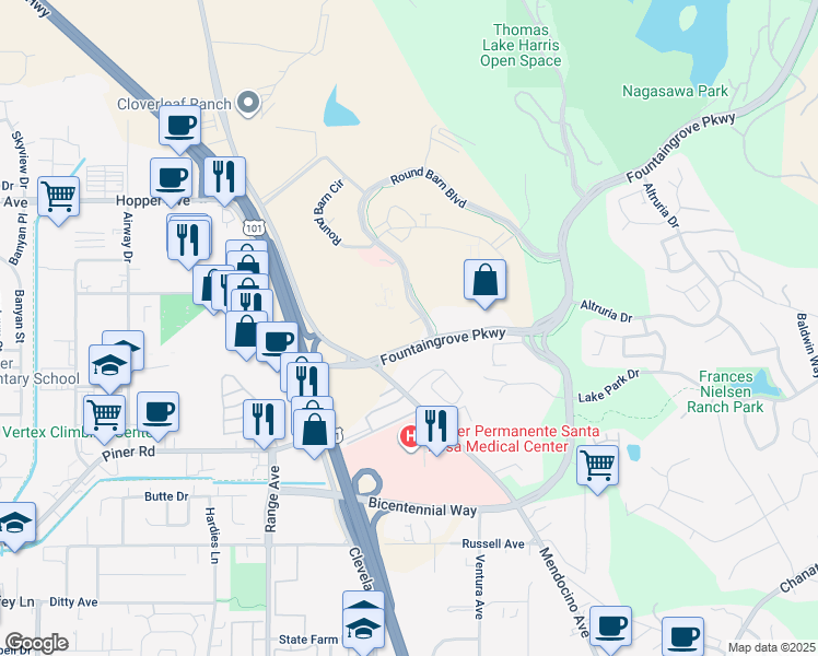 map of restaurants, bars, coffee shops, grocery stores, and more near in Santa Rosa