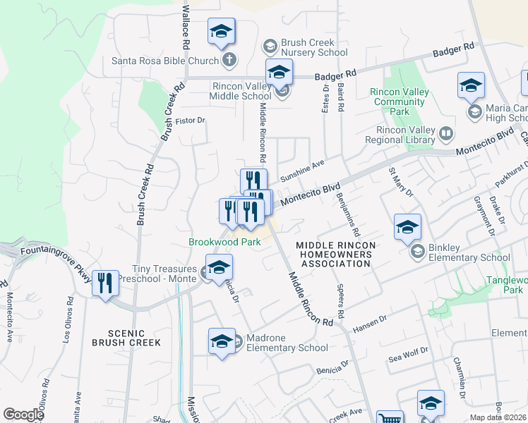 map of restaurants, bars, coffee shops, grocery stores, and more near Montecito Boulevard & Middle Rincon Road in Santa Rosa