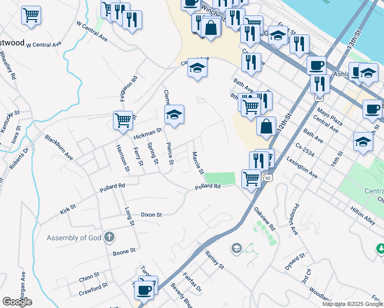 map of restaurants, bars, coffee shops, grocery stores, and more near 426 Marcia Street in Ashland
