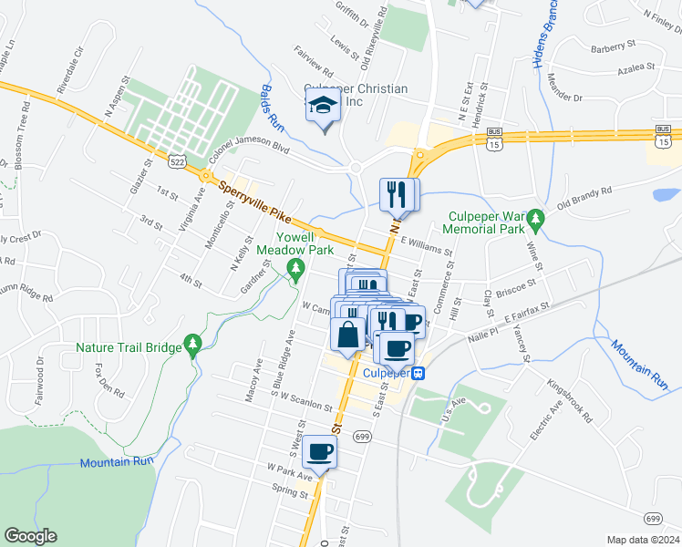 map of restaurants, bars, coffee shops, grocery stores, and more near 402 North West Street in Culpeper