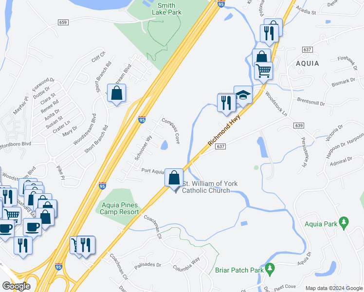 map of restaurants, bars, coffee shops, grocery stores, and more near 129 Compass Cove in Stafford