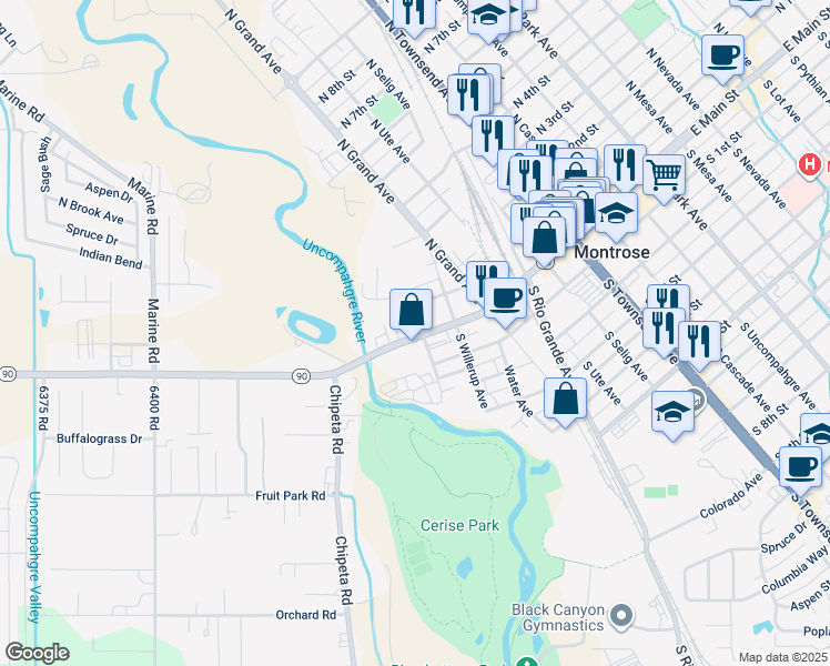 map of restaurants, bars, coffee shops, grocery stores, and more near B Rd in Montrose