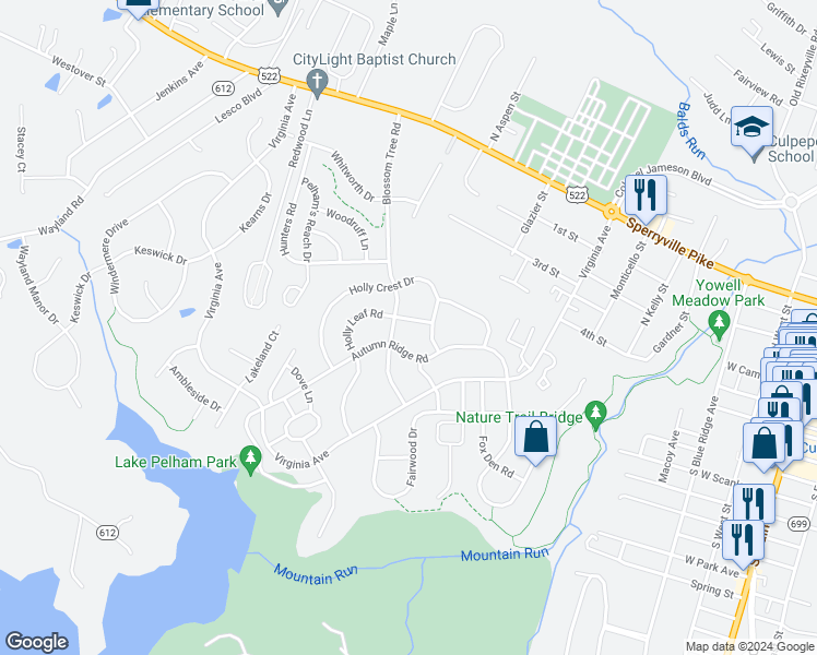 map of restaurants, bars, coffee shops, grocery stores, and more near 706 Holly Leaf Road in Culpeper