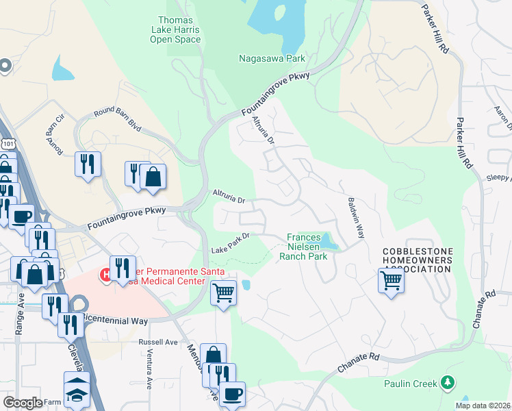 map of restaurants, bars, coffee shops, grocery stores, and more near 1831 Bella Vista Way in Santa Rosa
