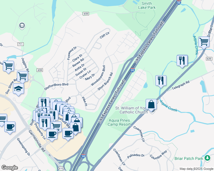 map of restaurants, bars, coffee shops, grocery stores, and more near 62 Short Branch Road in Stafford