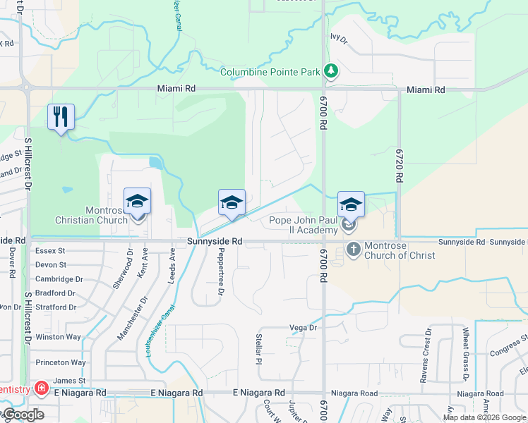 map of restaurants, bars, coffee shops, grocery stores, and more near Columbine East Park Trail in Montrose