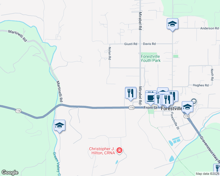 map of restaurants, bars, coffee shops, grocery stores, and more near 110 Nolan Court in Forestville