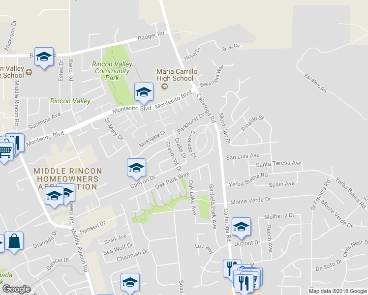 map of restaurants, bars, coffee shops, grocery stores, and more near 530 Drake Drive in Santa Rosa