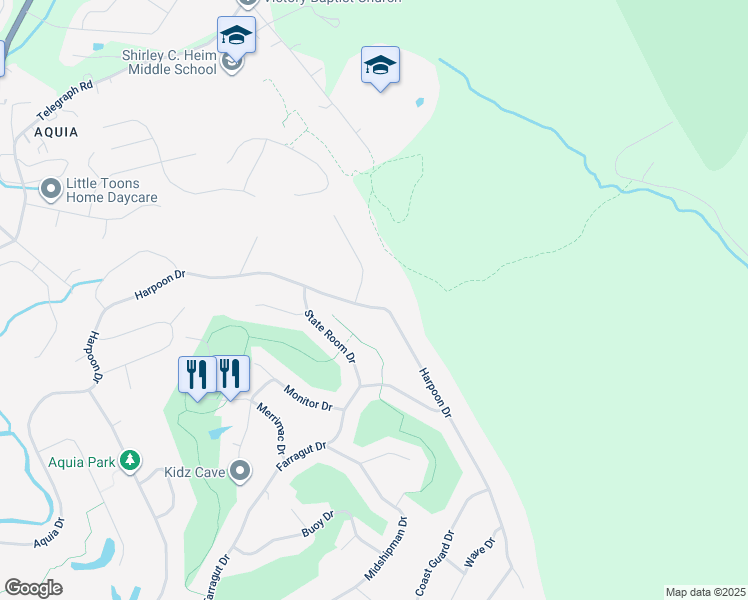 map of restaurants, bars, coffee shops, grocery stores, and more near 2146 Harpoon Drive in Stafford