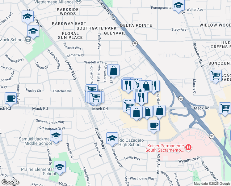 map of restaurants, bars, coffee shops, grocery stores, and more near 5940 Seyferth Way in Sacramento